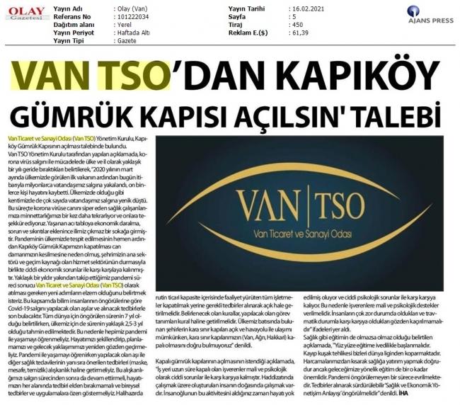 VAN TSO'DAN 'KAPIKÖY GÜMRÜK KAPISI AÇILSIN' TALEBİ
