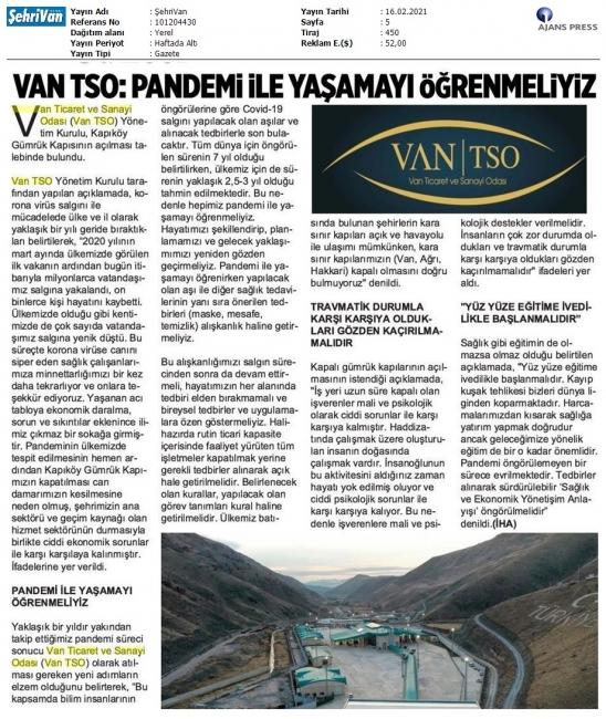 VAN TS0: PANDEMİ İLE YAŞAMAYI ÖĞRENMELİYİZ