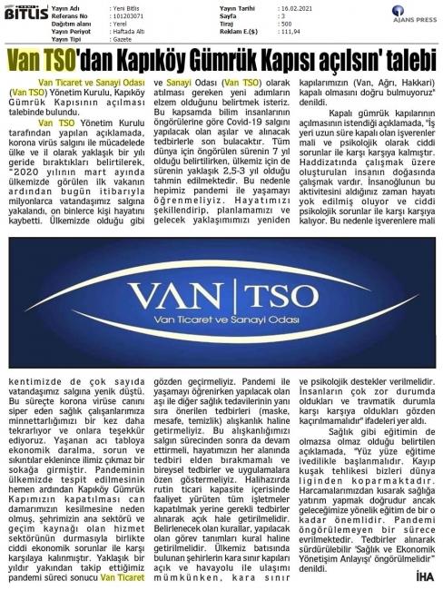 VAN TSO'DAN 'KAPIKÖY GÜMRÜK KAPISI AÇILSIN' TALEBİ
