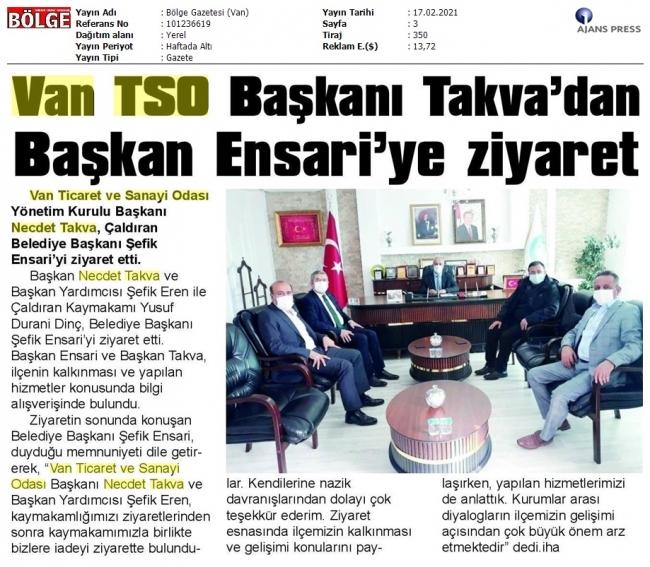 VAN TSO BAŞKANI TAKVA'DAN BAŞKAN ENSARİ'YE ZİYARET