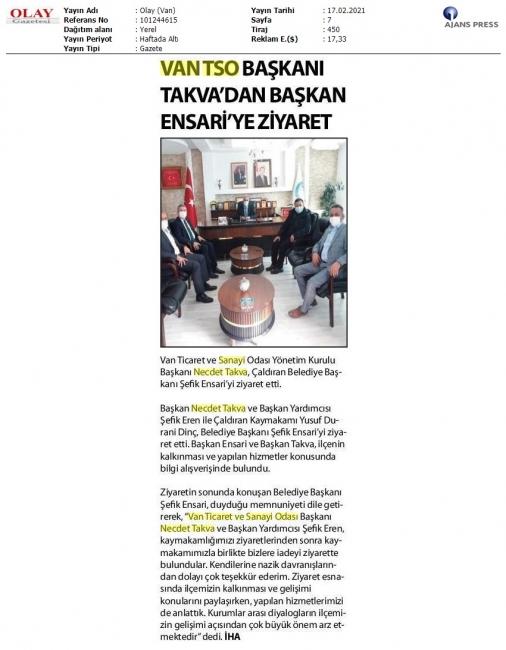 VANTSO BAŞKANI TAKVA'DAN BAŞKAN ENSARİ'YE ZİYARET