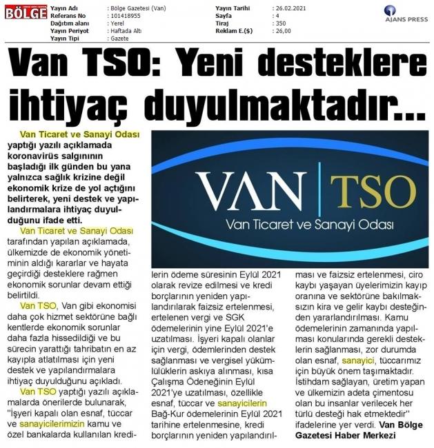 VAN TSO YENİ DESTEKLERE İHTİYAÇ DUYULMAKTADYR