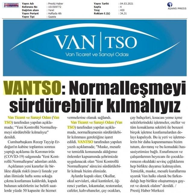 VAN TSO: NORMALLEŞMEYİ SÜRDÜRÜLEBİLİR KILMALIYIZ