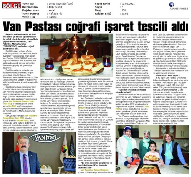 VAN PASTASI COĞRAFİ İŞARET TESCİLİ ALDI