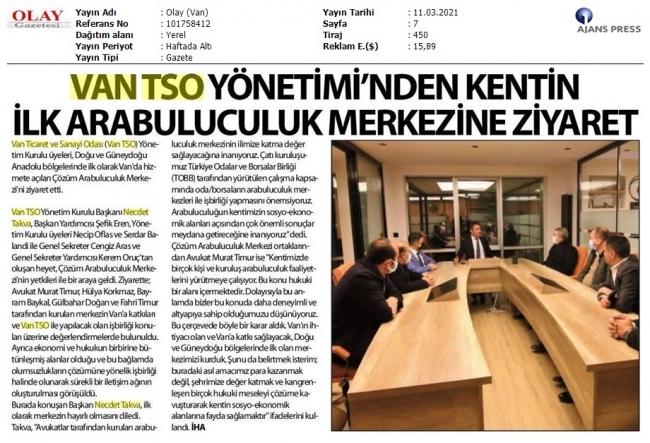 VANTSO YÖNETİMİ'NDEN KENTİN İLK ARABULUCULUK MERKEZİNE ZİYARET