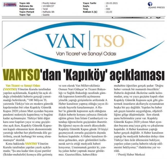 VANTSO'DAN KAPIKÖY AÇIKLAMASI