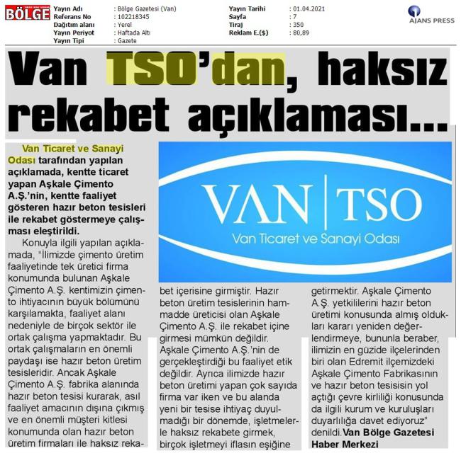 VAN TSO DAN HAKSIZ REKABET AÇIKLAMASI
