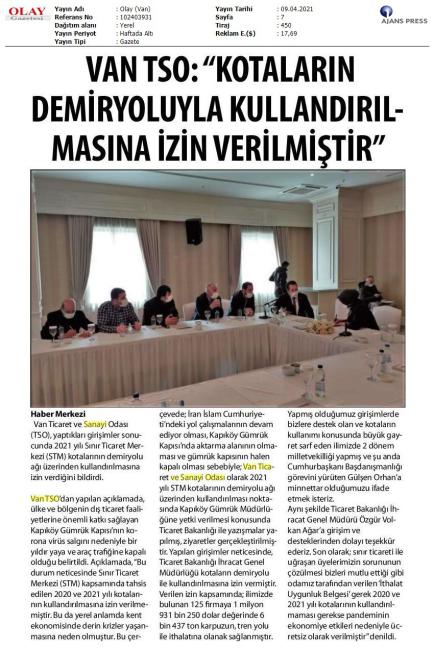 VANTSO KOTALARIN DEMİRYOLUYLAKULLANDIRIL- MASINAİZİNVERİLMİŞTİR