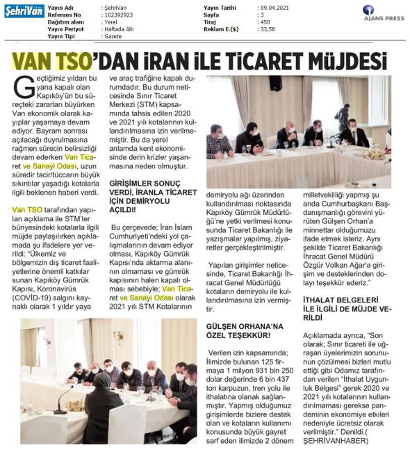 VAN TSO DAN İRAN İLE TİCARET MÜJDESİ