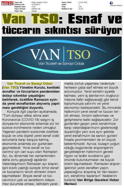 VAN TSO: ESNAF VE TÜCARLARIN SIKINTISI SÜRÜYOR