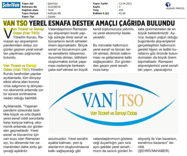 VAN TSO YEREL ESNAFA DESTEK AMAÇLI ÇAĞRIDA BULUNDU