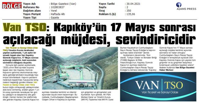 VAN TSO KAPIKÖY ;ÜN 17 MAYIS SONRASI AÇILACAĞI MÜJDESİ SEVİNDİRDİ
