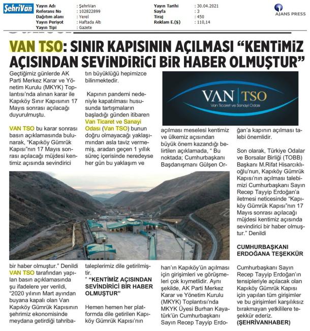 GÜNCEL VAN TSO SINIR KAPISININ AÇILMASI KENTİMİZ AÇISINDAN SEVİNDİRİCİ BİR HABER OLMUŞTUR