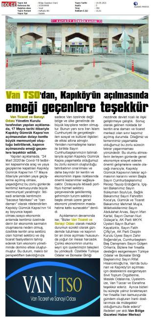 VAN TSO DAN KAPYKÖY ÜN AÇILMASINDA EMEĞİ GEÇENLERE TEŞEKÜR