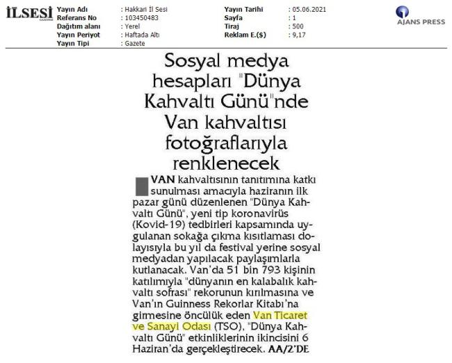 SOSYAL MEDYA HESAPLARI DÜNYA KAHVALTI GÜNÜ' NDE VAN KAHVALTISI FOTOĞRAFLARIYLA RENKLENECEK