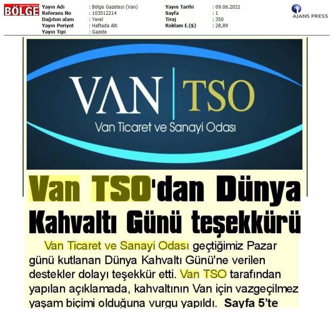 VAN TSO DAN DÜNYA KAHVALTI GÜNÜ TEŞEKKÜRÜ