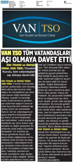 VAN TSO TÜM VATANDAŞLARI AŞI OLMAYA DAVET ETTİ