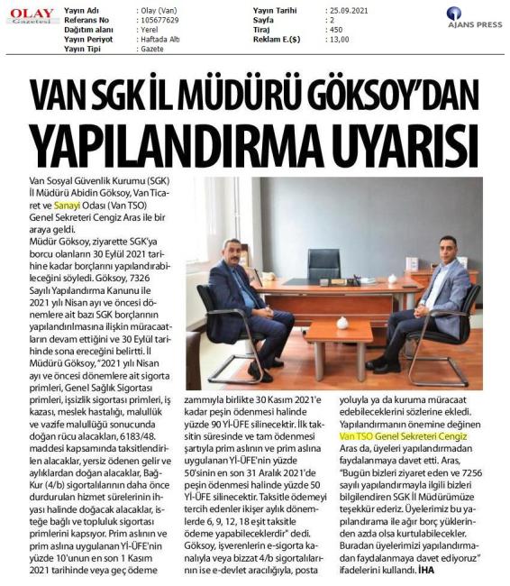 VAN SGK İL MÜDÜRÜ GÖKSOY'DAN YAPILANDIRMA UYARISI