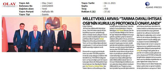 TARIMA DAYALI İHTİSAS OSB'NİN KURULUŞ PROTOKOLÜ ONAYLANDI