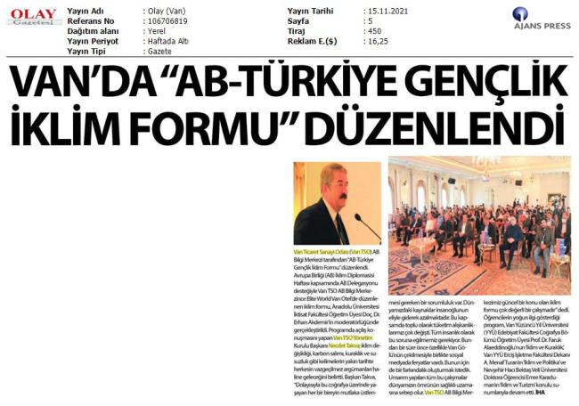 VAN'DA AB-TÜRKİYE GENÇLİK İKLİM FORMU DÜZENLENDİ