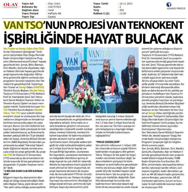 VAN TSO'NUN PROJESİ VAN TEKNOKENT İŞBİRLİĞİNDE HAYAT BULACAK