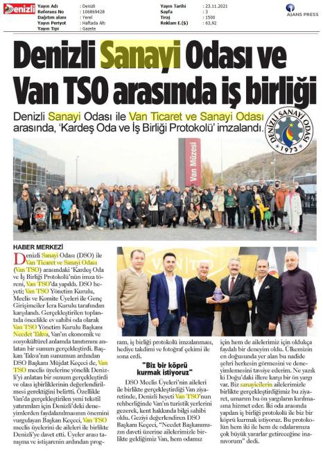 DENİZLİ SANAYİ ODASI VE VAN TSO ARASINDA İŞ BİRLİĞİ