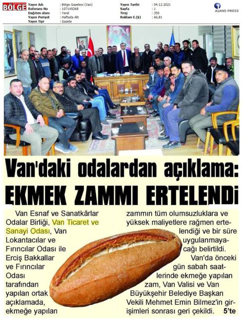 VAN'DAKİ ODALARDAN AÇIKLAMA:EKMEK ZAMMI ERTELENDİ