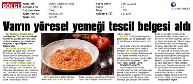 VAN'IN YÖRESEL YEMEĞİ TESCİL BELGESİ ALDI