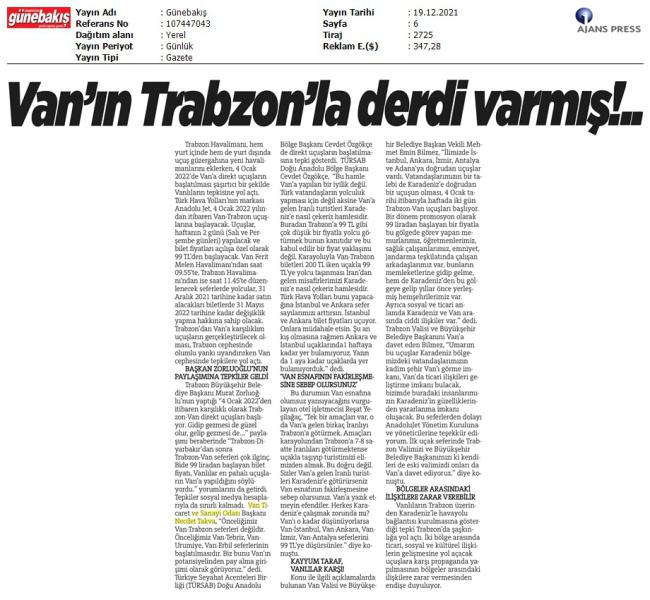 VAN'IN TRABZON'LA DERDİ VARMIŞ!