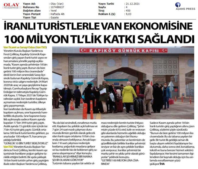 İRANLI TURİSTLERLE VAN EKONOMİSİNE 100 MİLYON TL'LİK KATKI SAĞLANDI