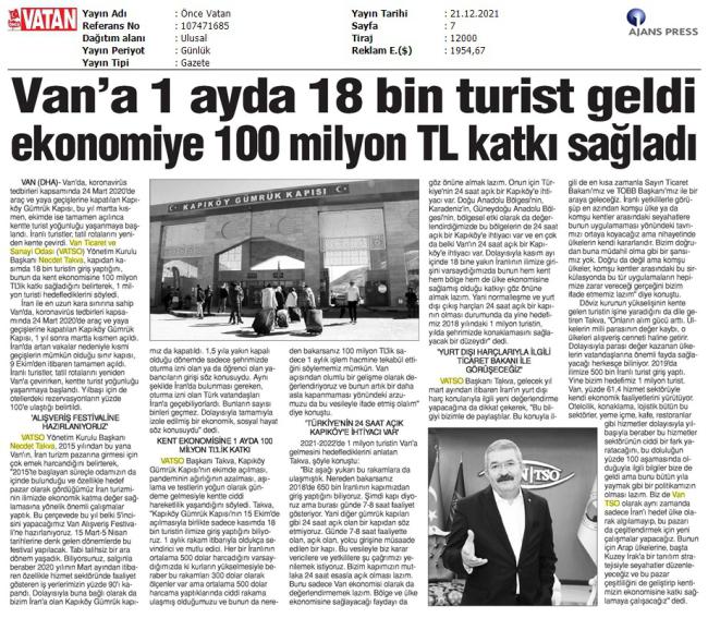 VAN'A 1 AYDA 18 BİN TURİST GELDİ EKONOMİYE 100 MİLYON TL KATKI SAĞLADI