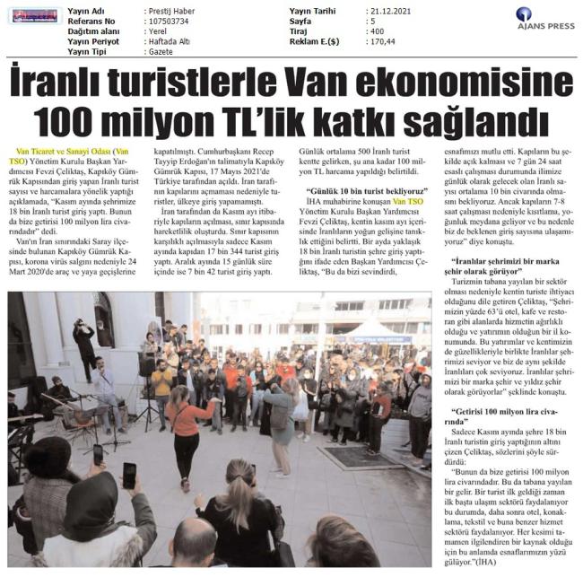 İRANLI TURİSTLERLE VAN EKONOMİSİNE 100 MİLYON TL'LİK KATKI SAĞLANDI