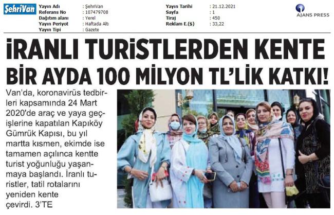 İRANLI TURİSTLERDEN KENTE BİR AYDA 100 MİLYON TL'LİK KATKI