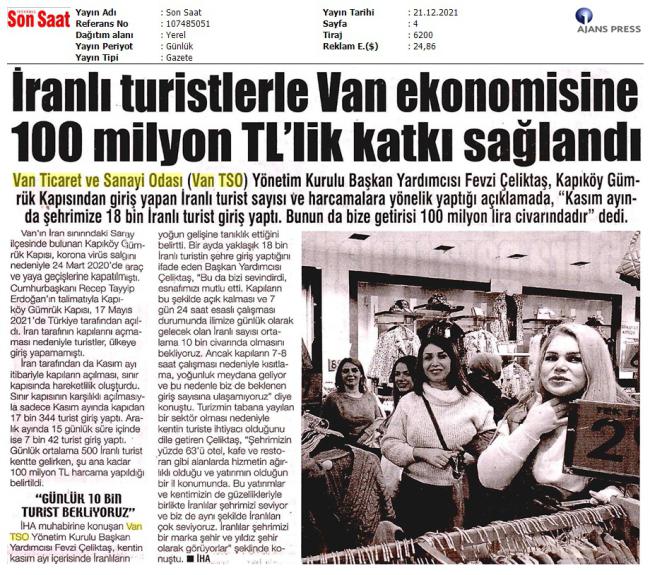 İRANLI TURİSTLERLE VAN EKONOMİSİNE 100 MİLYON TL'LİK KATKI SAĞLANDI