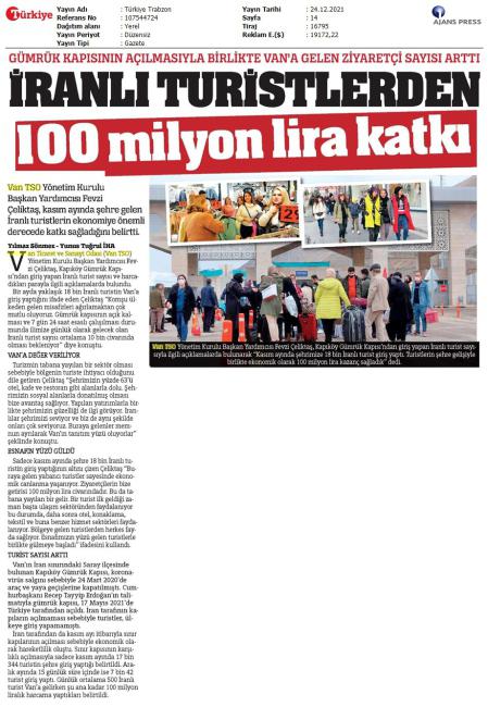 İRANLI TURİSTLERDEN 100 MİLYON LİRA KATKI