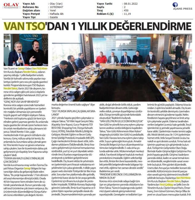 VAN TSO'DAN 1 YILLIK DEĞERLENDİRME