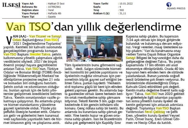 VAN TSO'DAN YILLIK DEĞERLENDİRME