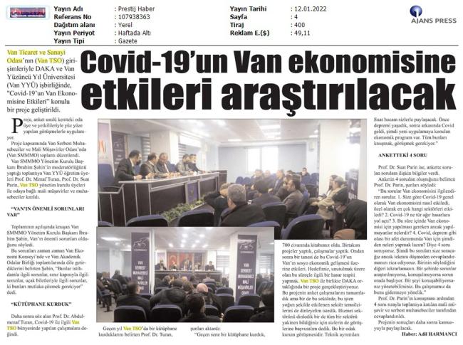 COVİD-19'UN VAN EKONOMİSİNE ETKİLERİ ARAŞTIRILACAK