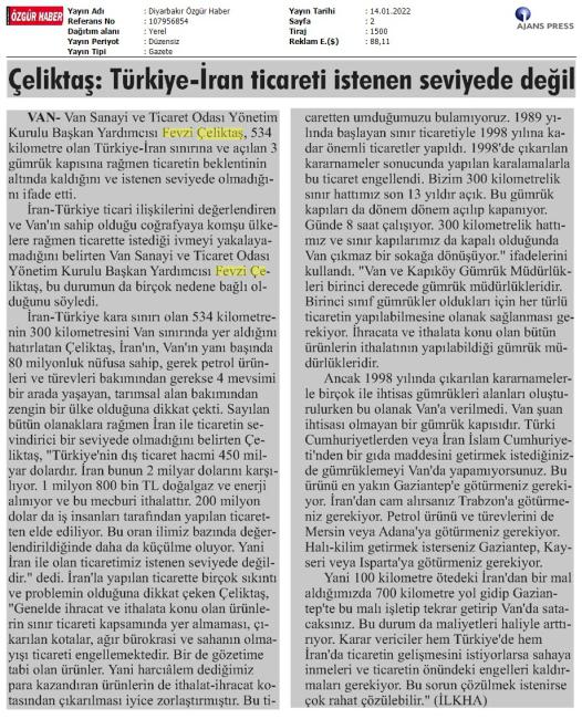 ÇELİKTAŞ TÜRKİYE-İRAN TİCARETİ İSTENEN SEVİYEDE DEĞİL