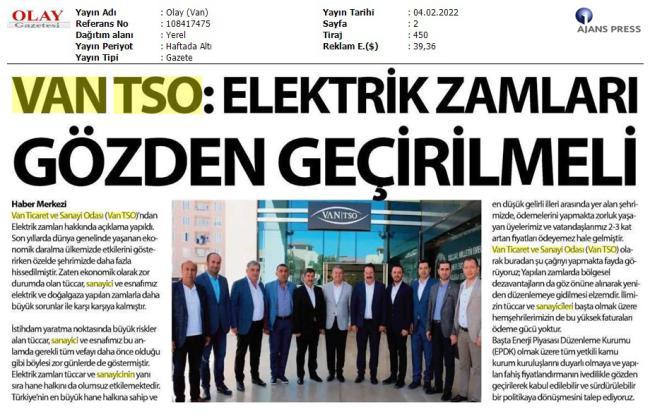 VAN TSO: ELEKTİRİK ZAMLARI GÖZDEN GEÇİRİLMELİ