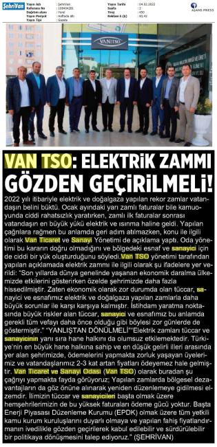 VAN ISO: ELEKTRİK ZAMMI GÖZDEN GEÇİRİLMELİ