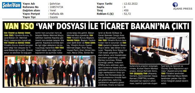 VAN TSO VAN DOSYASI İLE TİCARET BAKANI'NA ÇIKTI