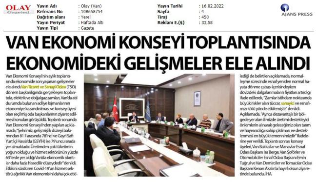 VAN EKONOMİ KONSEYİ TOPLANTISINDA EKONOMİDEKİ GELİŞMELER ELE ALINDI