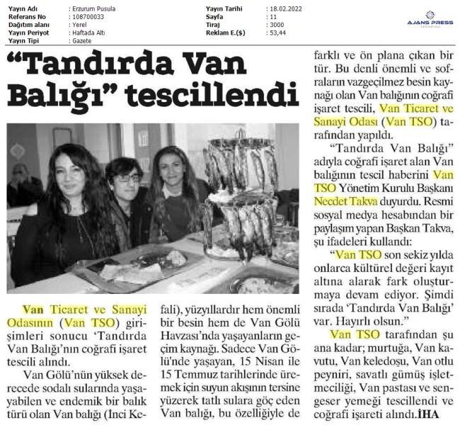 TANDIRDA VAN BALIĞI TESCİLLENDİ