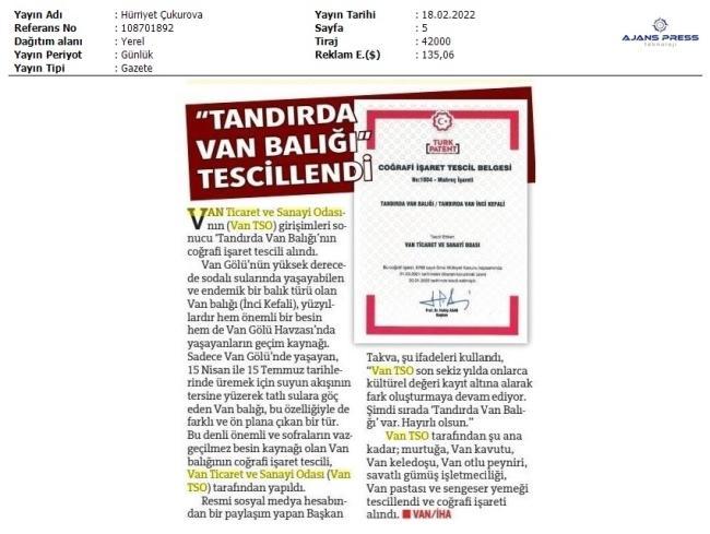 TANDIRDA VAN BALIĞI TESCİLLENDİ