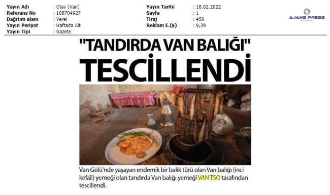 TANDIRDA VAN BALIĞI TESCİLLENDİ