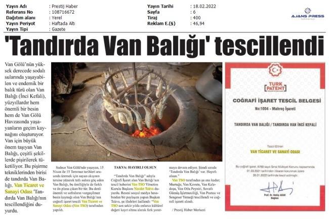 TANDIRDA VAN BALIĞI TESCİLLENDİ