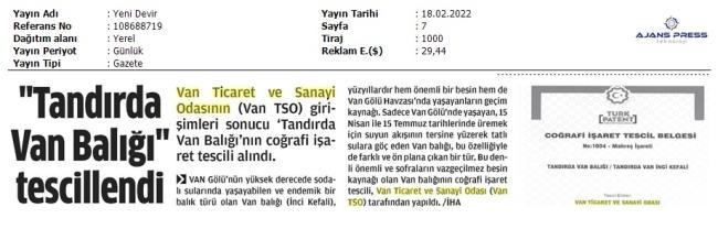 TANDIRDA VAN BALIĞI TESCİLLENDİ