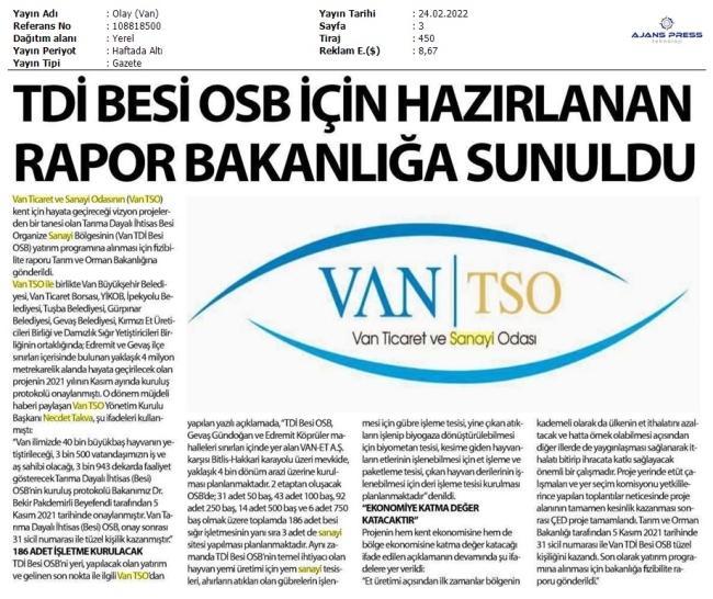 TDİ BESİ OSB İÇİN HAZIRLANAN RAPOR BAKANLIĞA SUNULDU