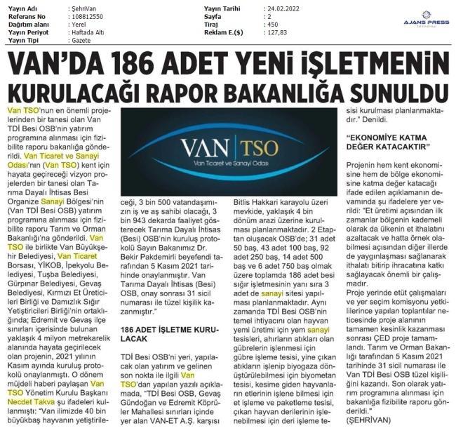 VAN DA 186 ADET YENİ İŞLETMENİN KURULACAĞI RAPOR BAKANLIĞA SUNULDU